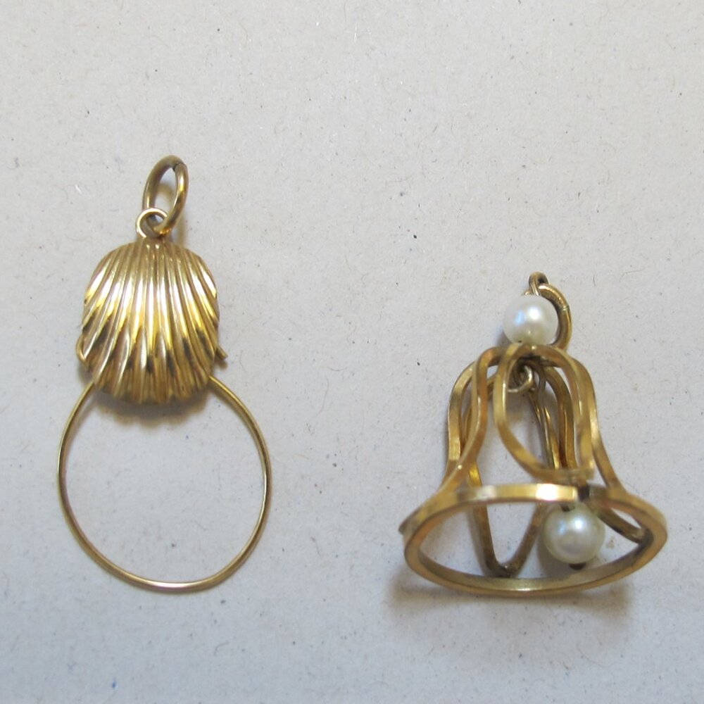 Gold Pendants – Bell with Pearl accents and Clamshell Ring Holder